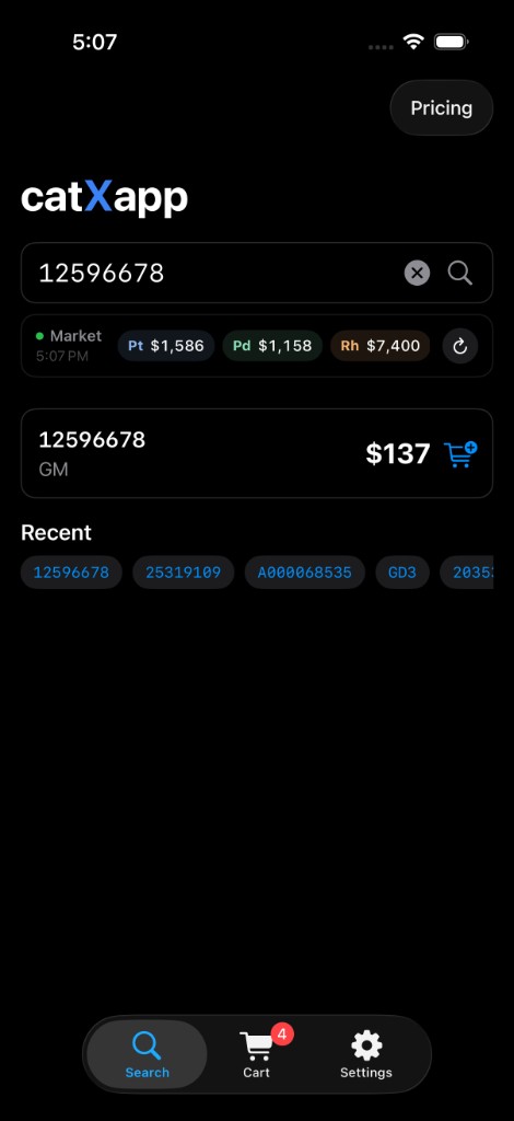 CatXapp search result for converter code 12596678 with live market prices