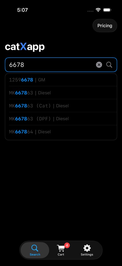 CatXapp partial code search highlighting matching converter codes