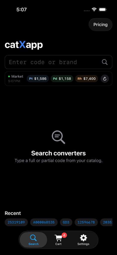 CatXapp home screen with live platinum, palladium, and rhodium market strip