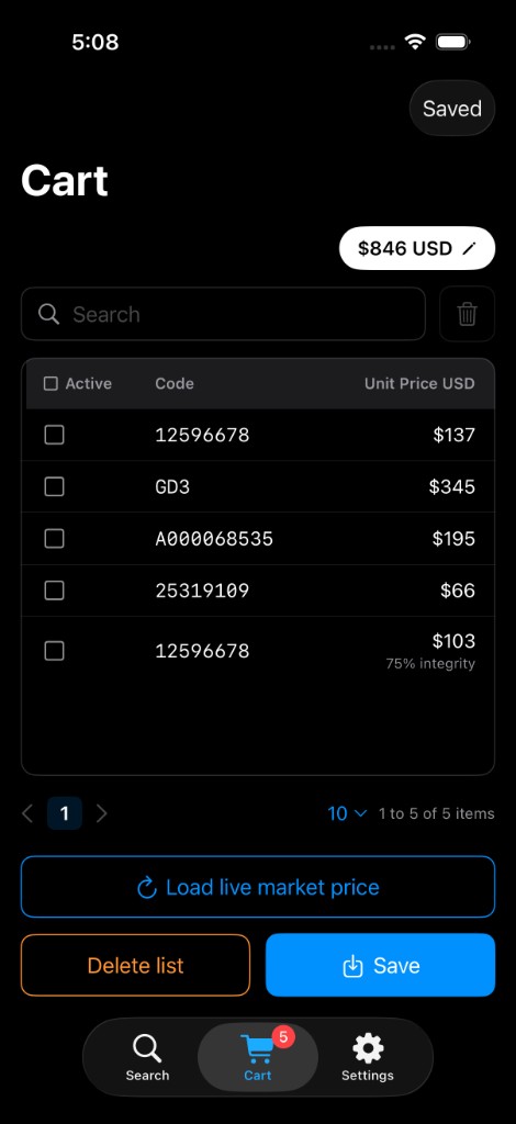 CatXapp cart with converter codes and live market price button