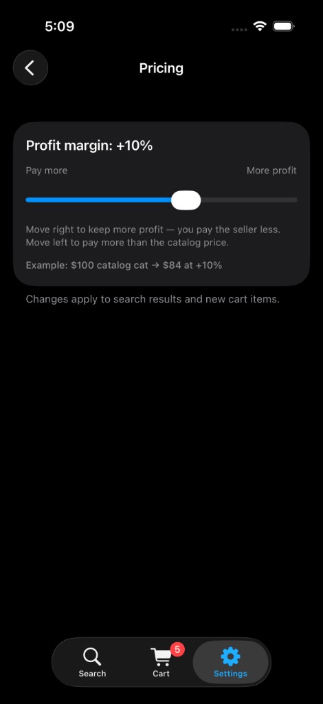 CatXapp profit margin slider in Pricing settings